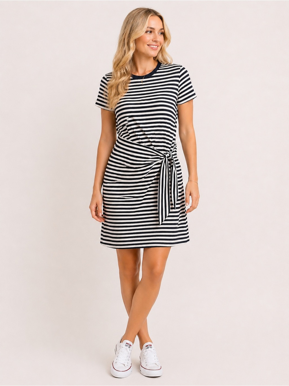 DKNY Stripe Tie Waist Dress Black White Short Sleeve Women’s Size Large